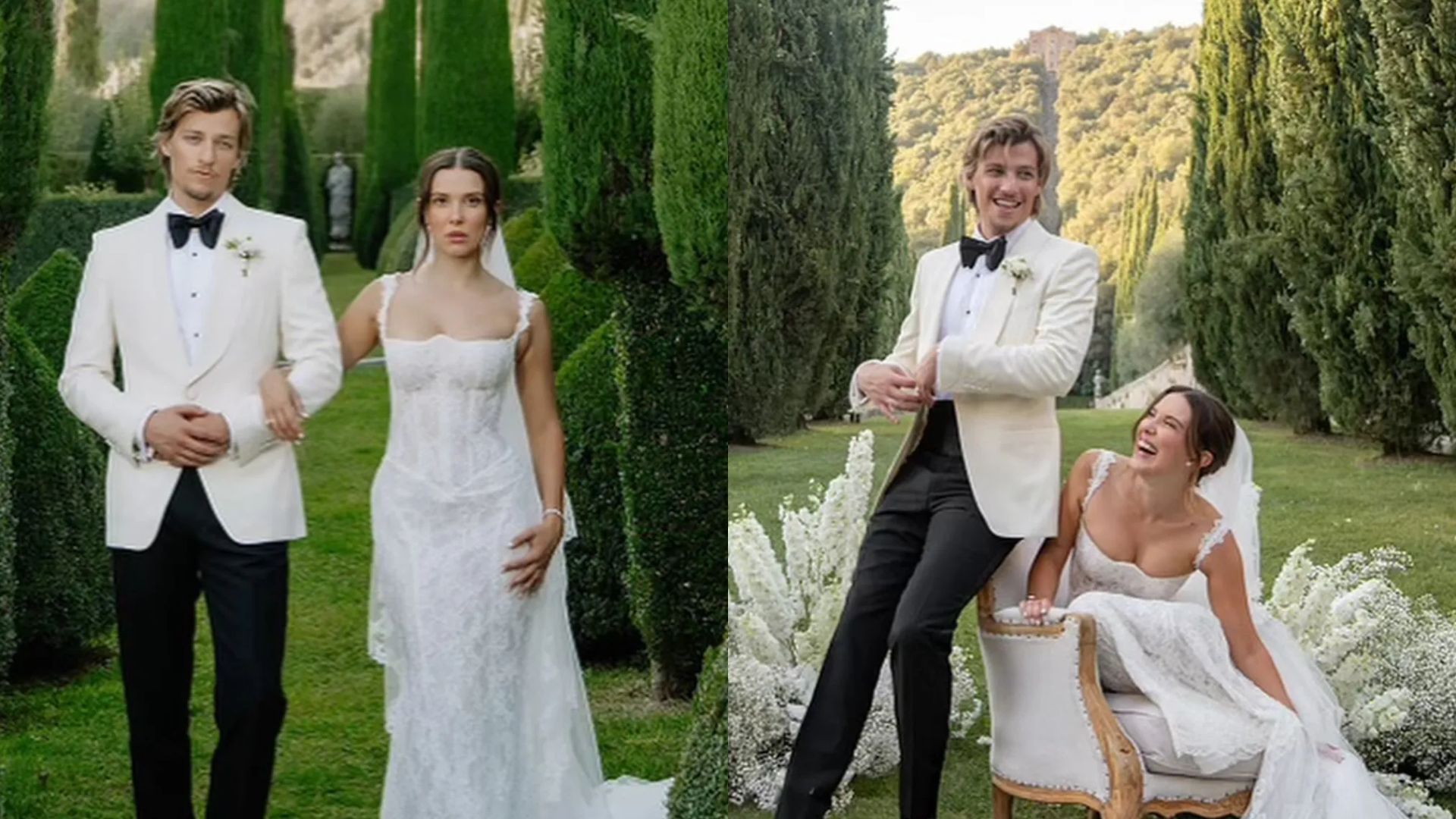 Millie Bobby Brown e Jake Bongiovi em fotos do casamento: o noivo de smoking branco e a noiva de vestido branco de renda posando num jardim