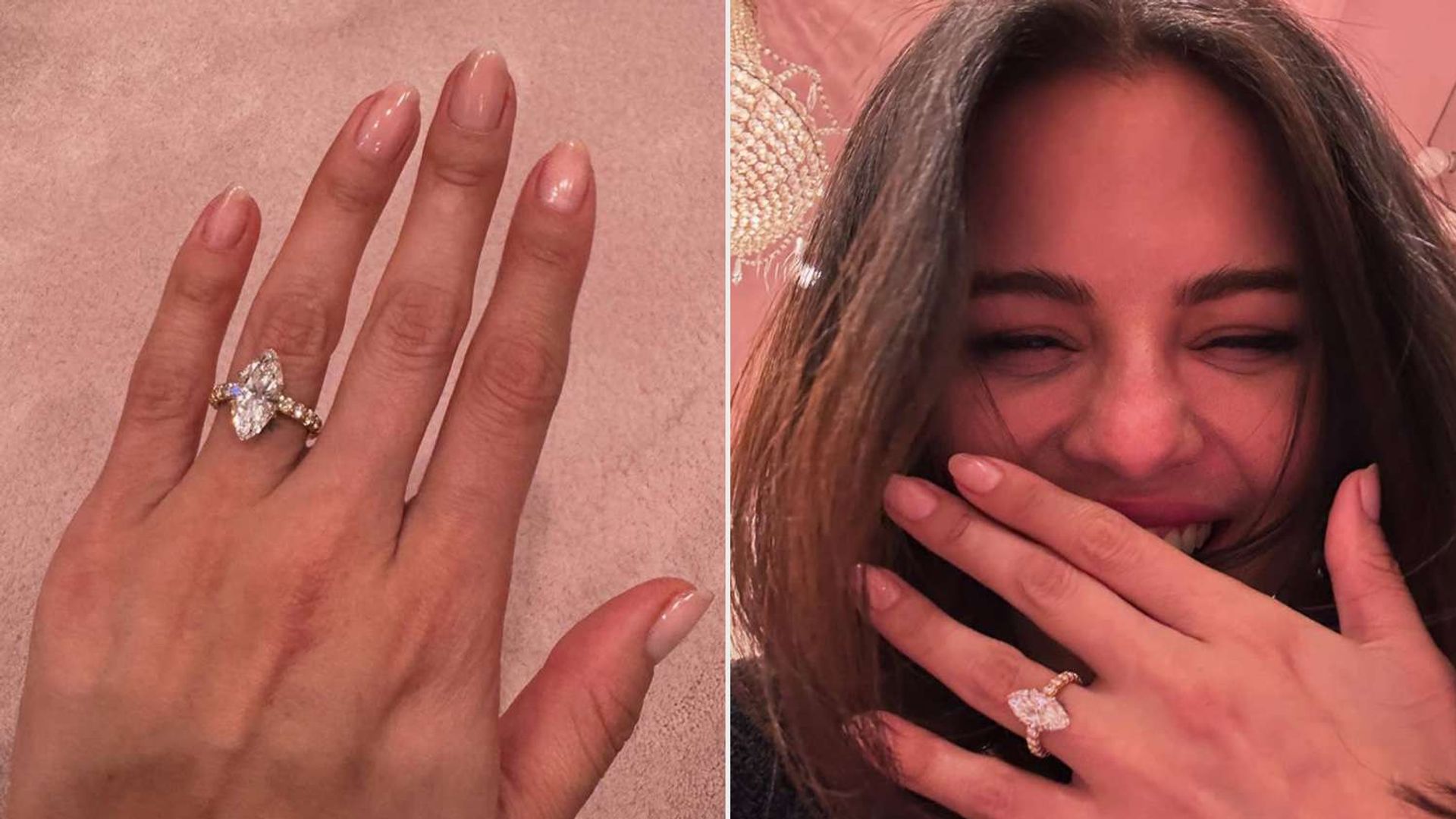 Selena Gomez exibe um anel com um grande diamante na mão, na segunda foto está a sorrir enquanto tapa a boca com a mão que usa o anel
