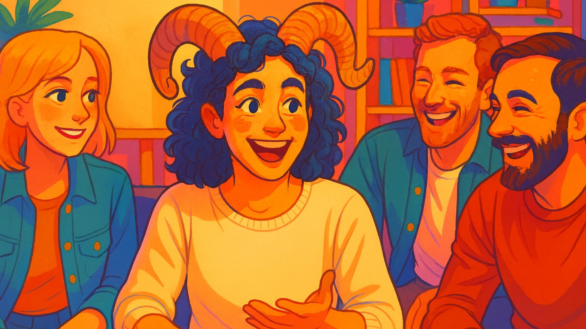 Uma mulher de Áries a encontrar-se com amigos e a divertir-se