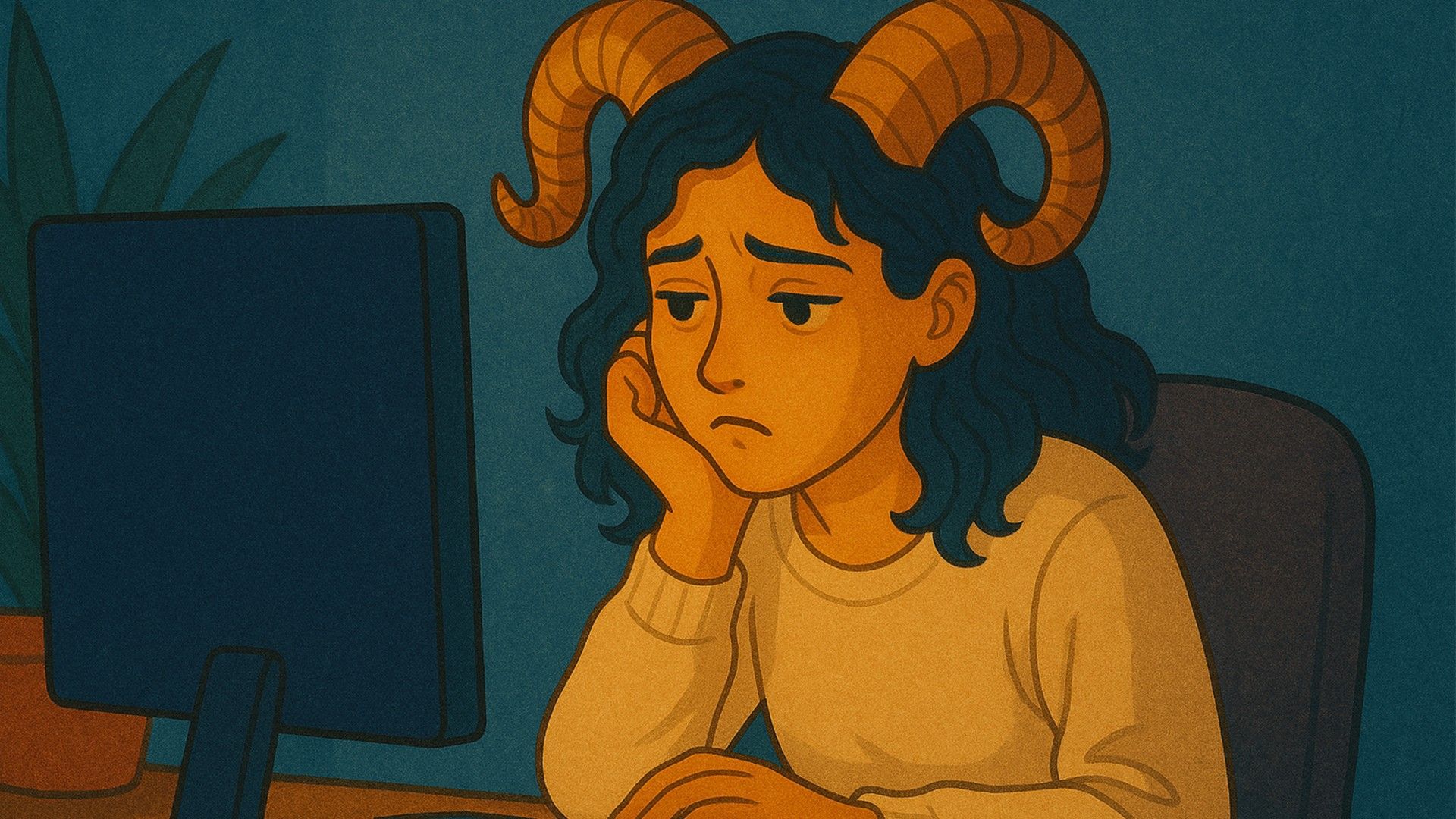 Uma mulher de Áries senta-se ao monitor com ar aborrecido