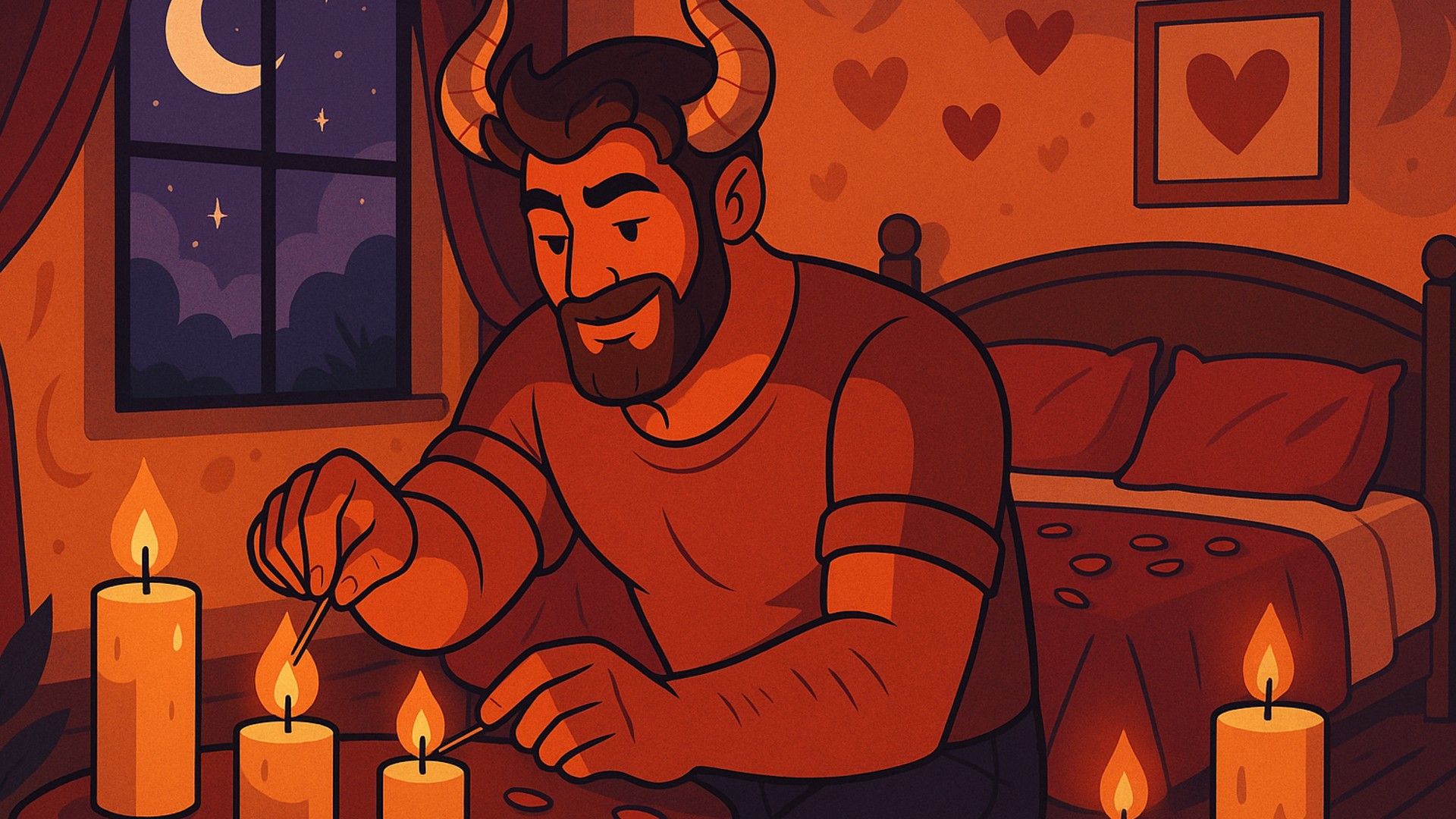 Um homem de Touro a acender velas antes de uma noite romântica com a amada