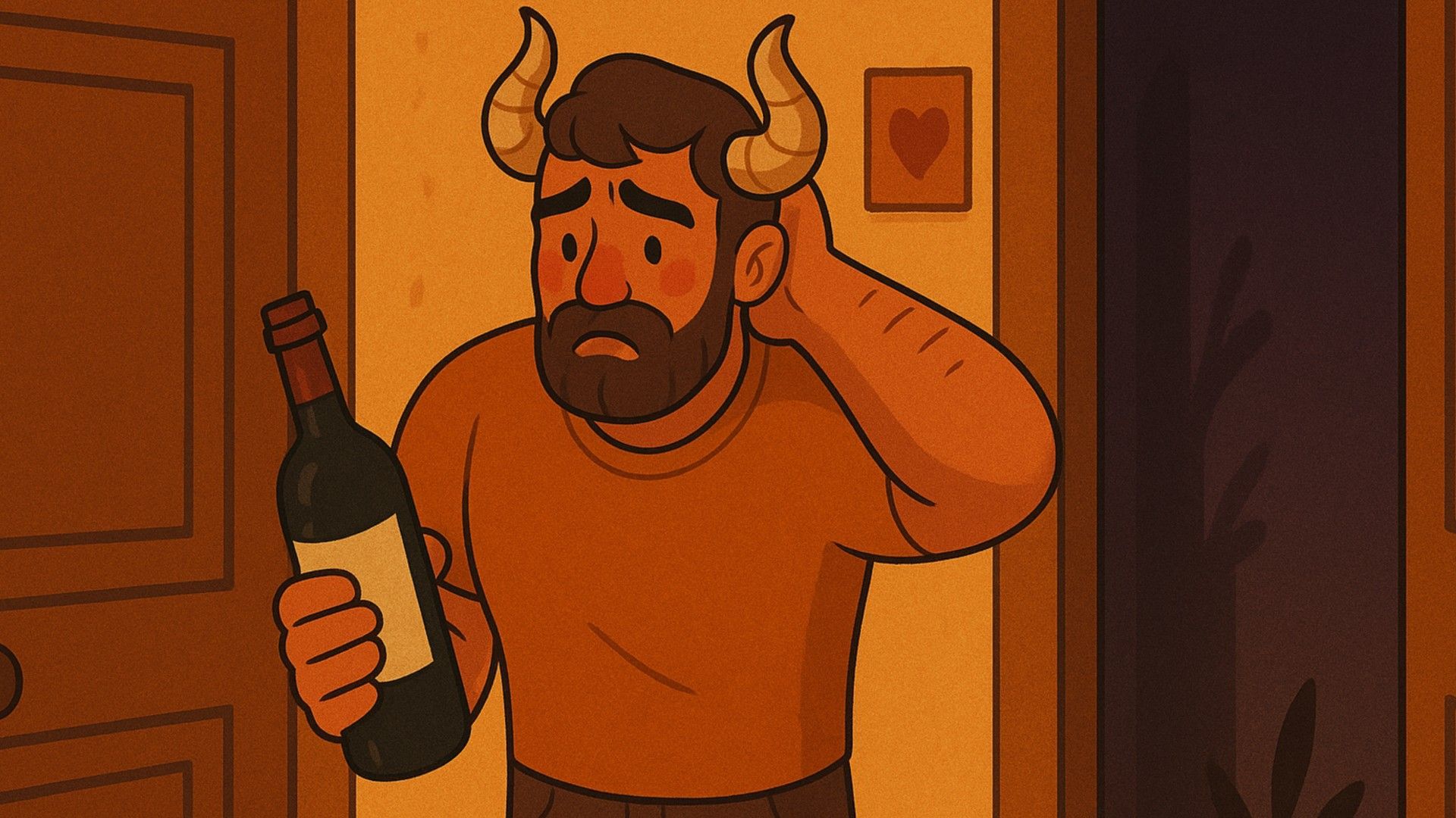 Um homem de Touro com uma garrafa de vinho na mão hesita à porta