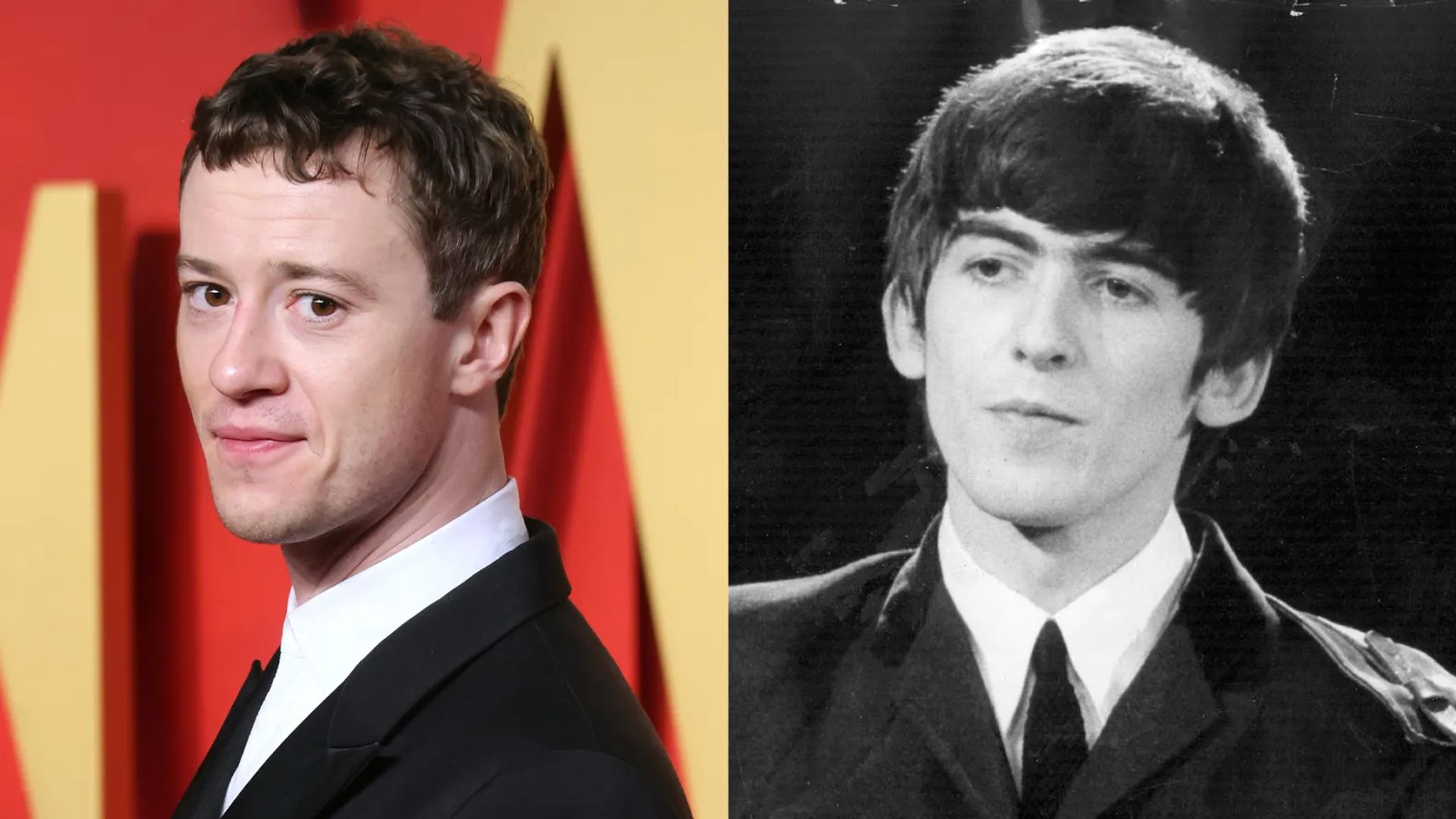 Colagem de duas fotos: Joseph Quinn e George Harrison jovem