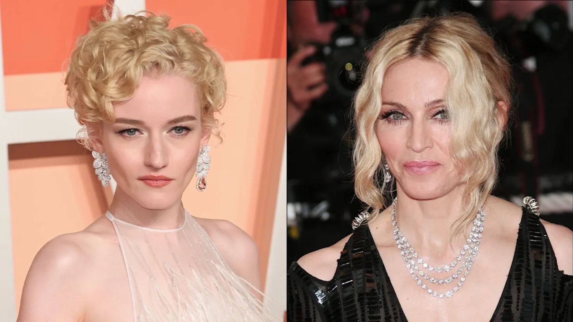 Colagem de duas fotos: Julia Garner à esquerda, cantora Madonna à direita