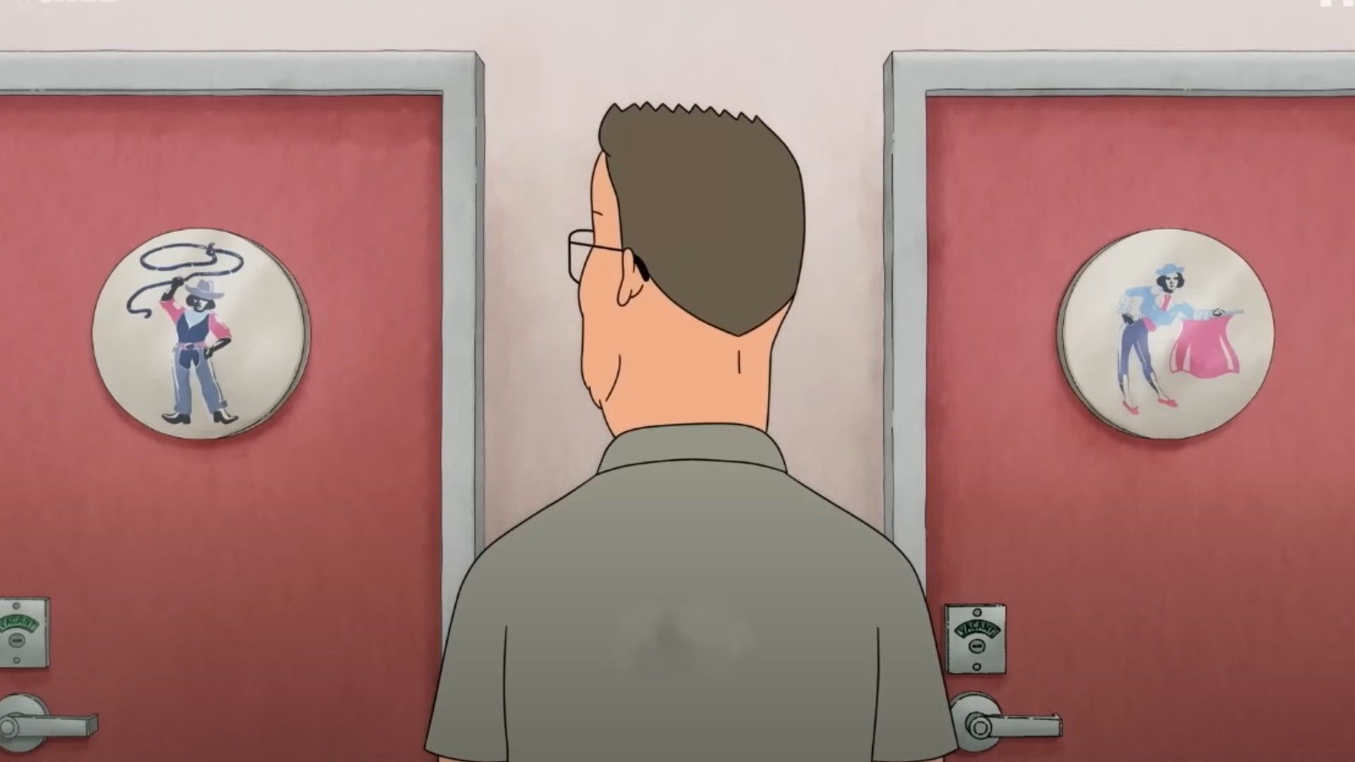 Uma cena da série animada King of the Hill mostrando Hank Hill a escolher que casa de banho usar