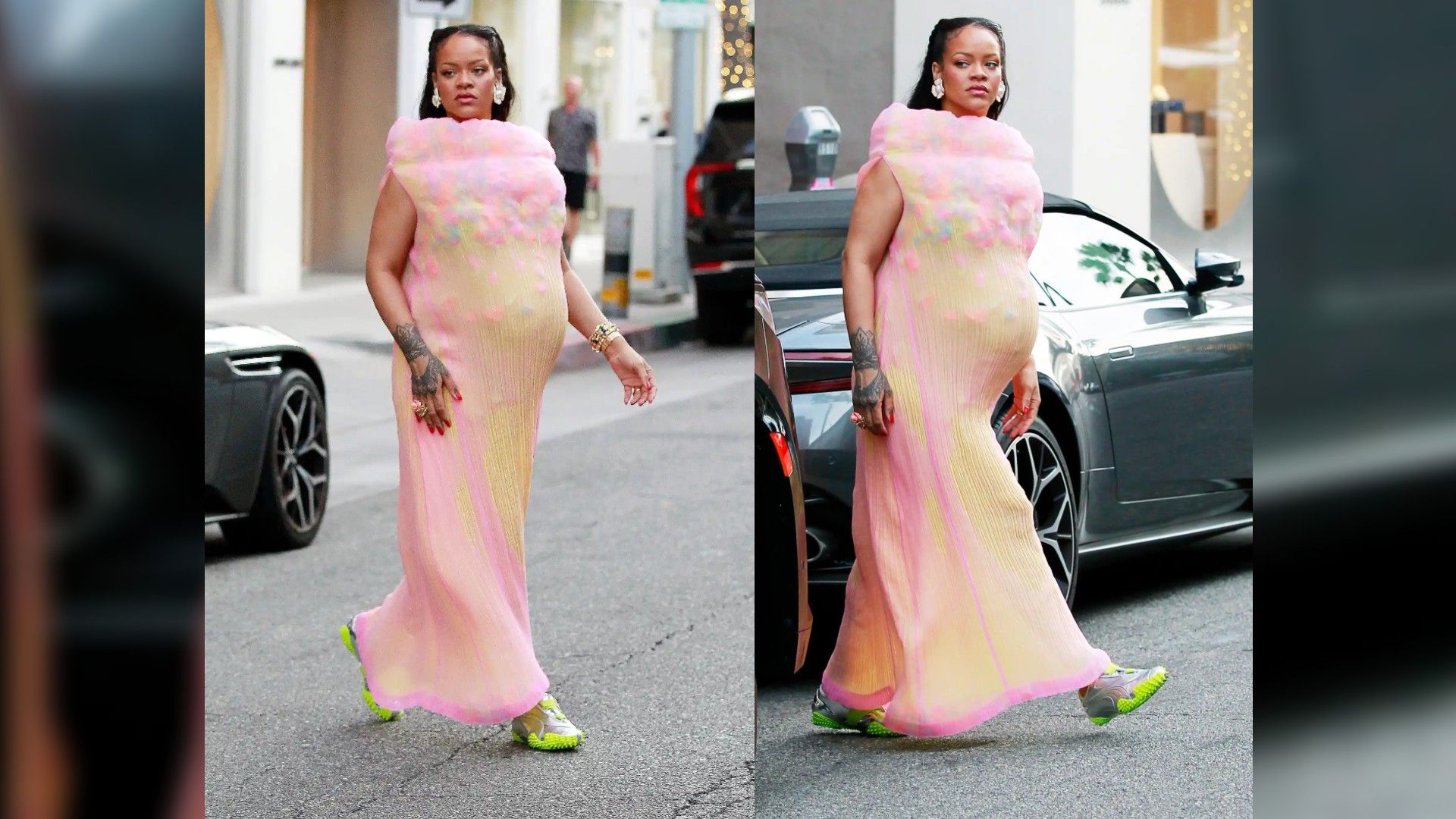 Rihanna grávida num vestido rosa invulgar e ténis a caminhar pela rua