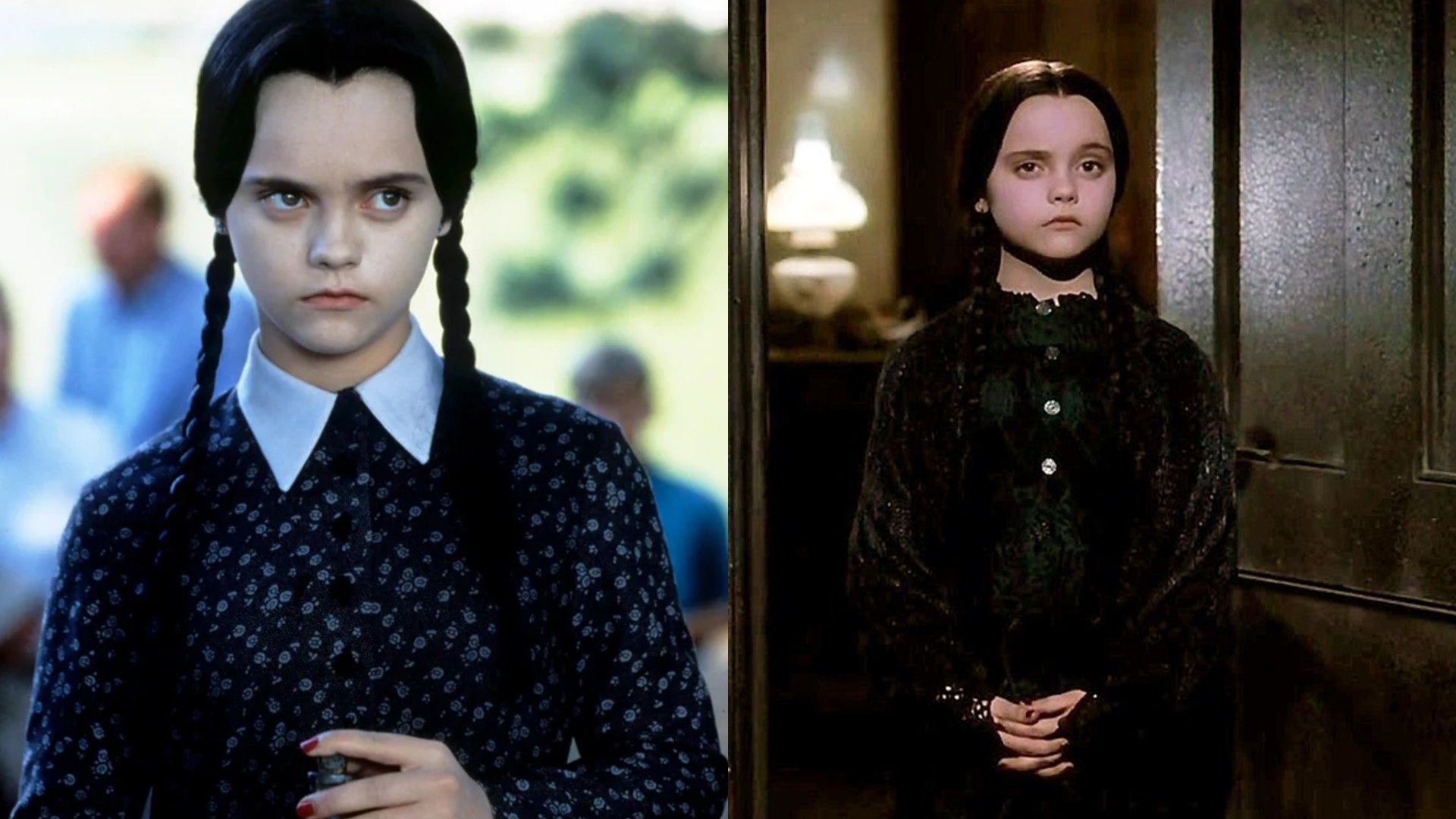 Christina Ricci como Wednesday Addams, colagem de duas fotos