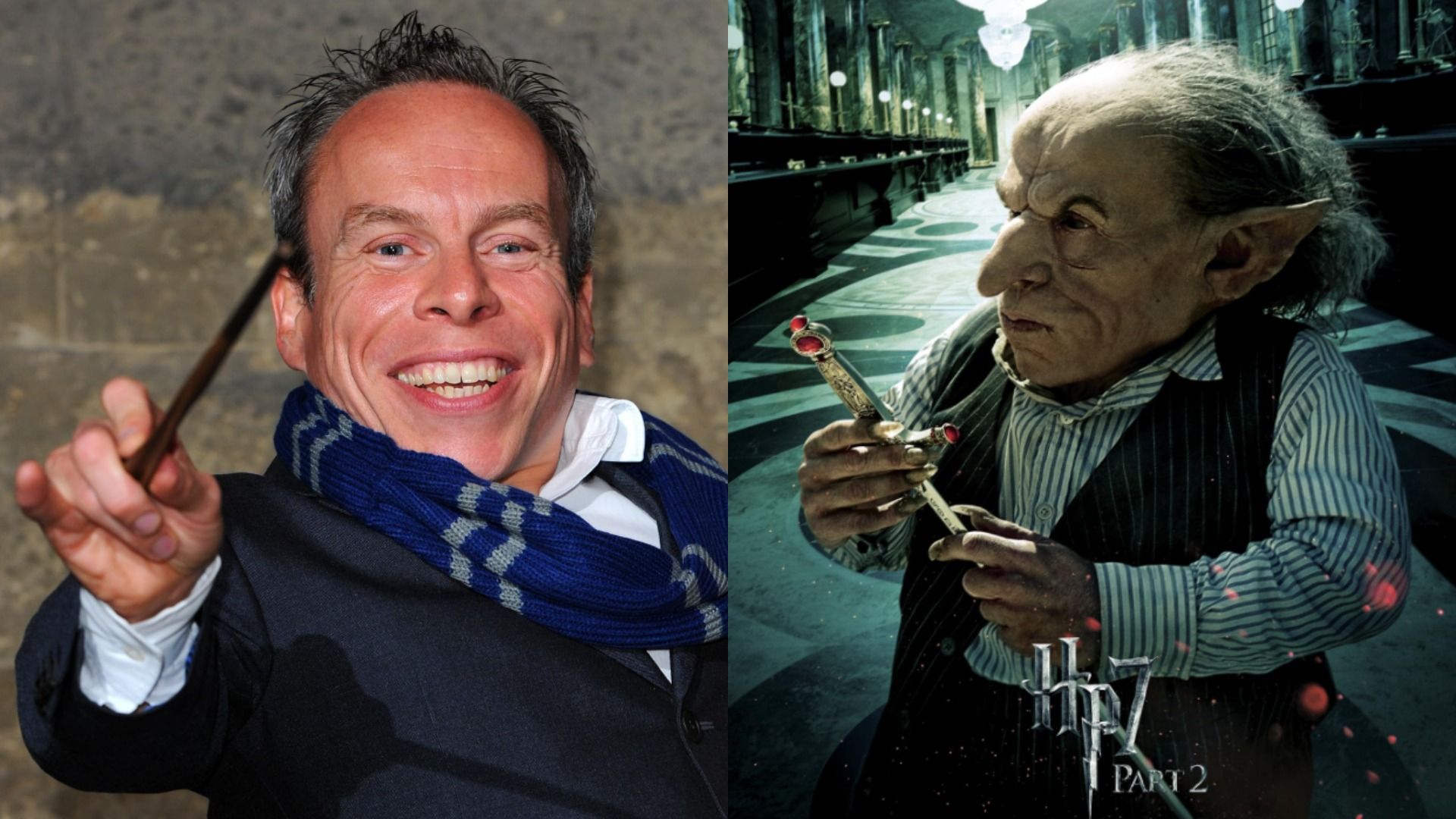 Ator Warwick Davis numa jaqueta preta segurando uma varinha, à direita está maquilhado como goblin