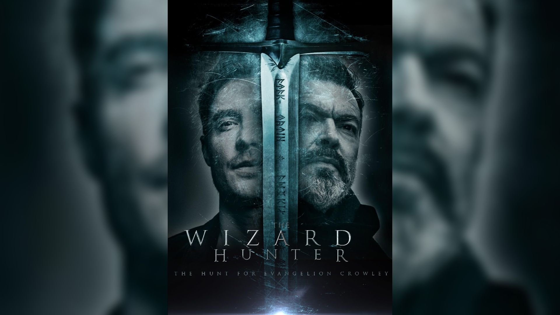 Dois homens estão atrás de uma espada contra um fundo escuro