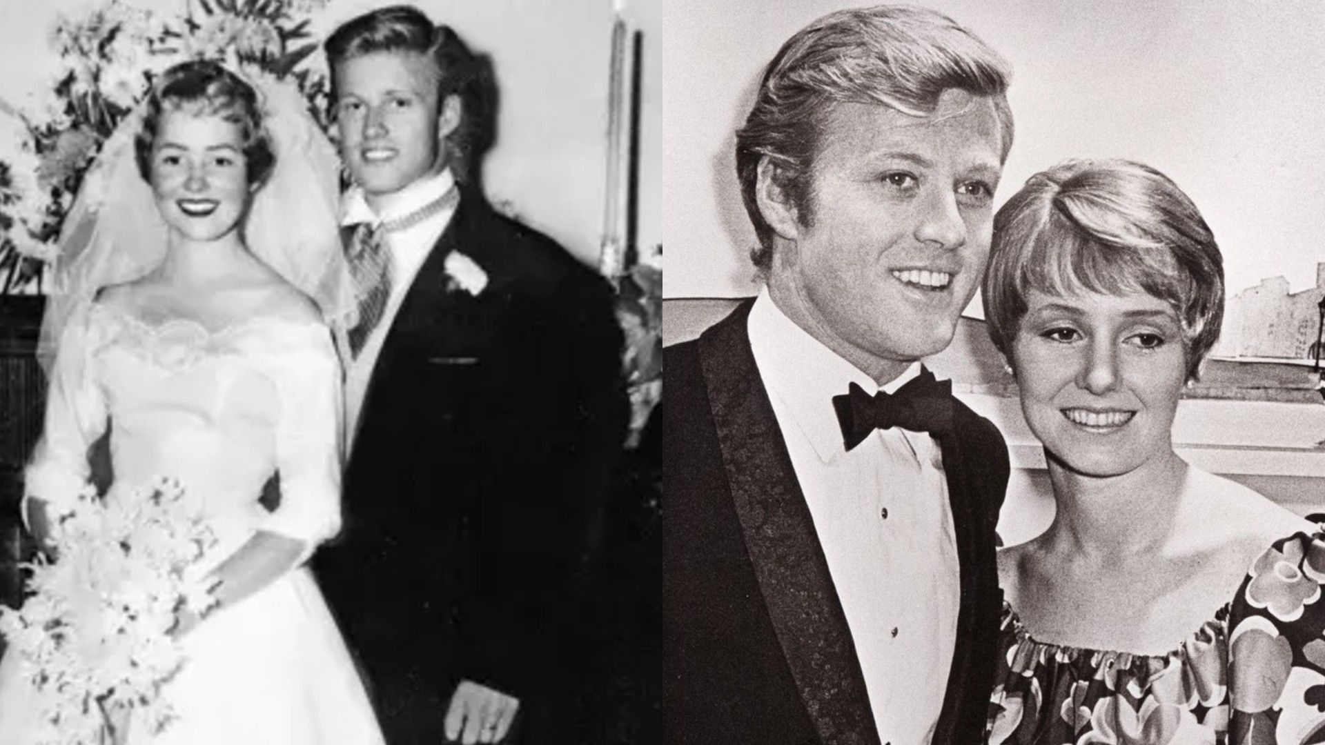Robert Redford e Lola Van Wagenen, colagem de duas fotos: casamento e mais tarde