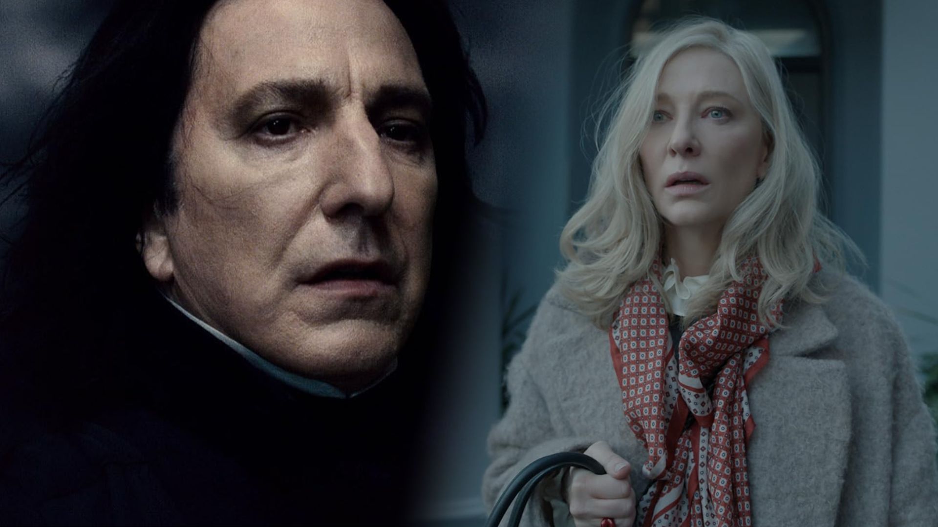 Ator Alan Rickman com cabelo preto numa capa preta, Cate Blanchett num casaco cinzento