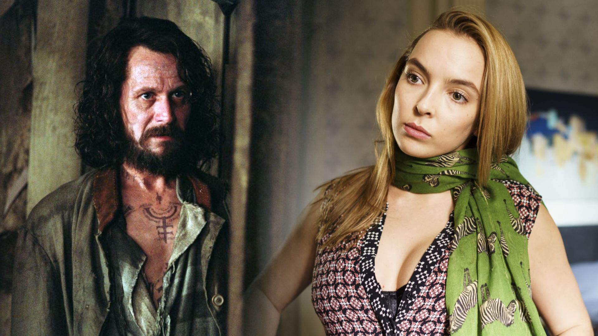 Ator Gary Oldman em farrapos, Jodie Comer num colete rosa com um lenço ao pescoço
