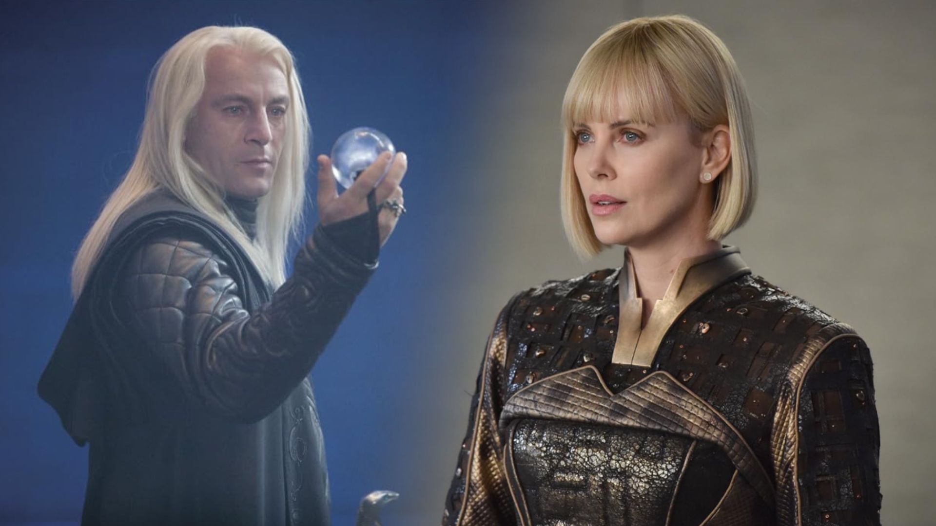 Ator Jason Isaacs com cabelo branco comprido, Charlize Theron com cabelo branco