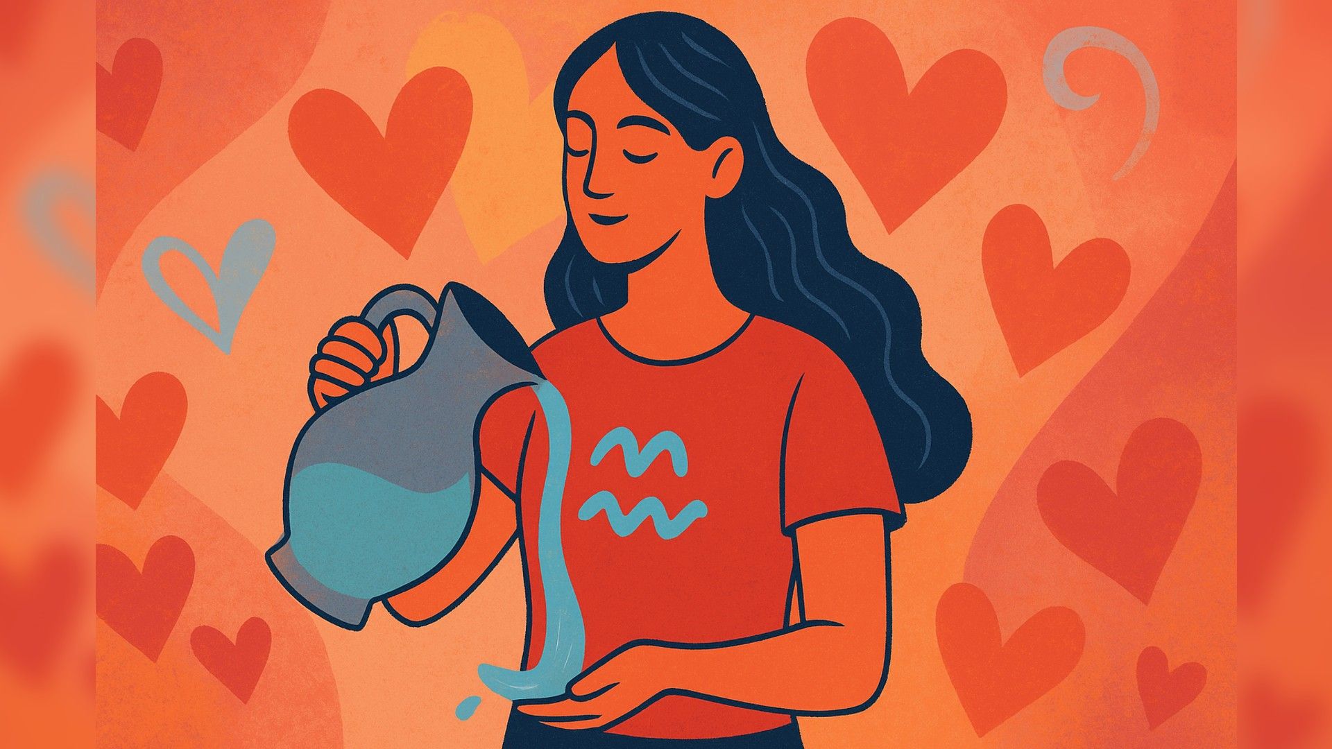 Mulher de Aquário, ambiente romântico, paleta de cores laranja-azul