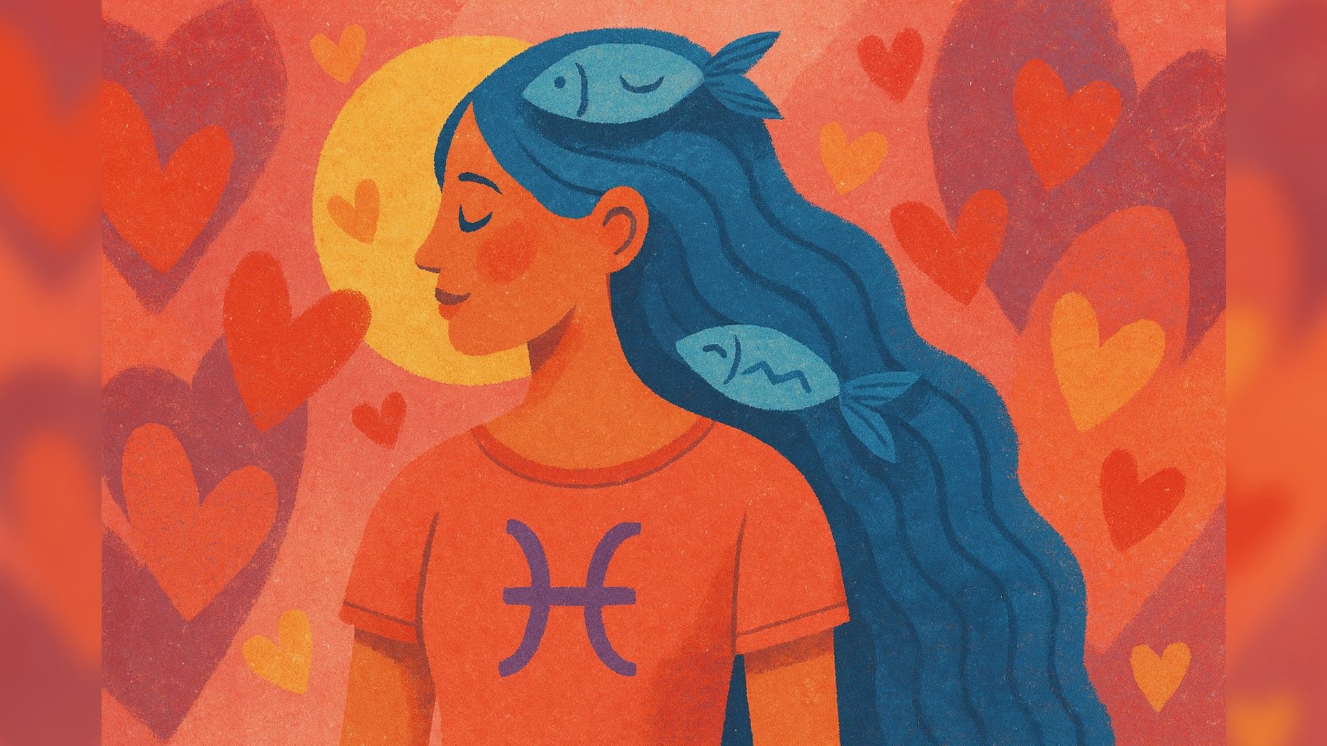 Mulher de Peixes, atmosfera romântica, paleta de cores laranja-azul