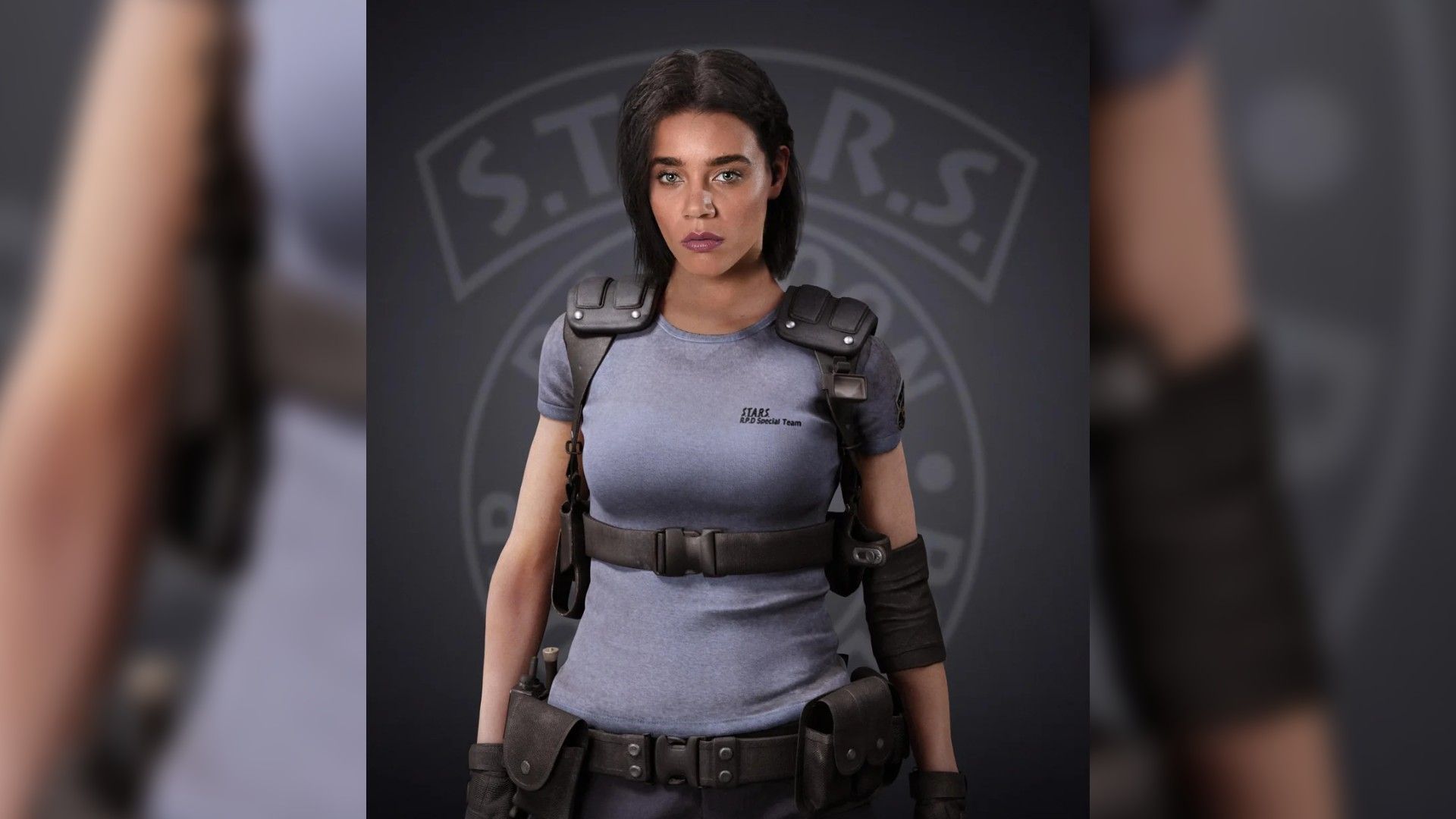 Hannah John-Kamen em equipamento tático, visual para "Resident Evil"