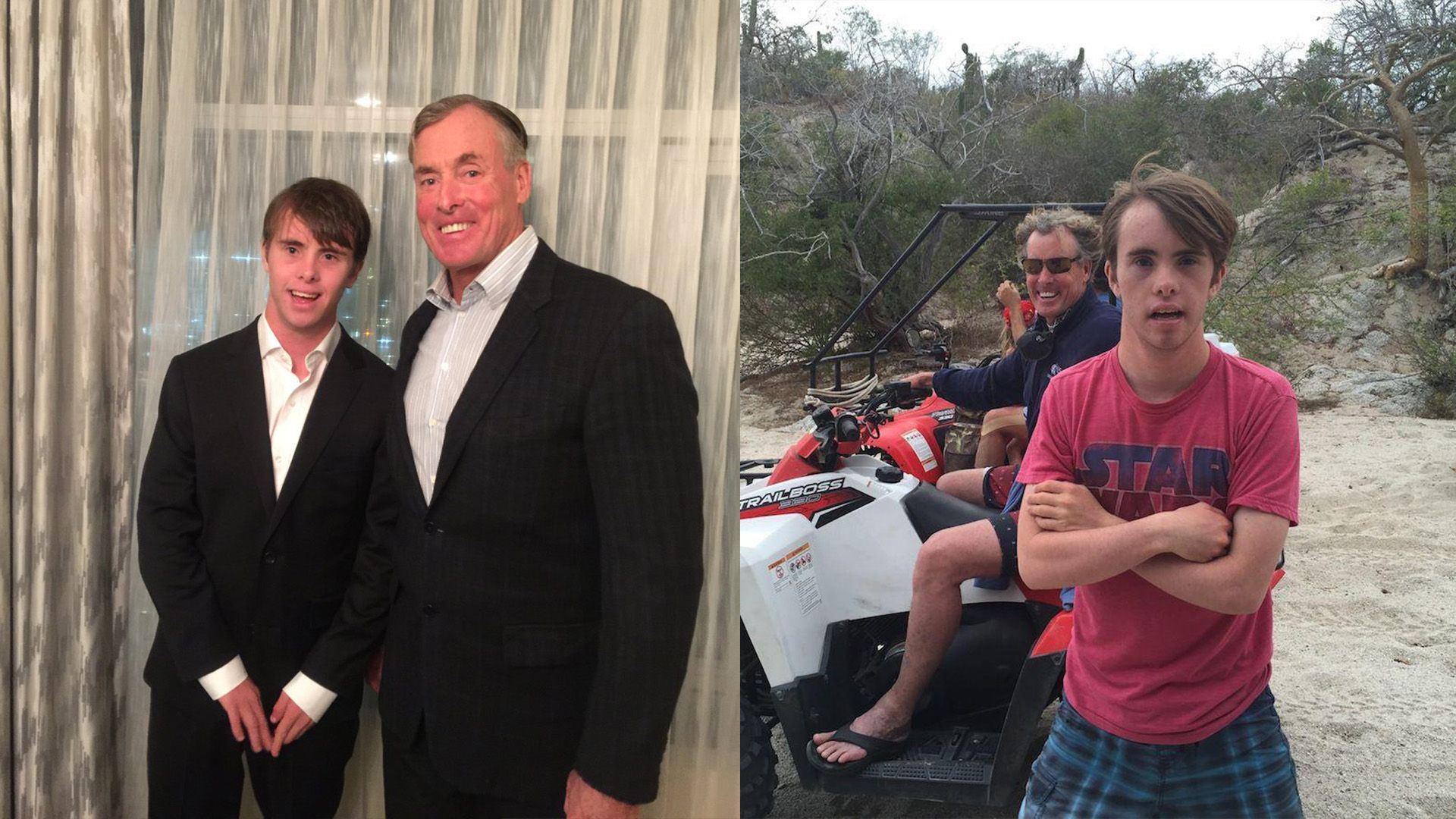 Colagem: John C. McGinley e o filho Max de blazer; John C. McGinley com o filho Max de férias